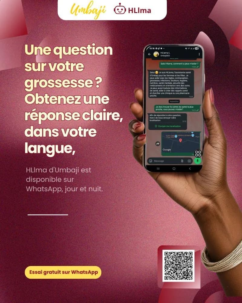 A hand holding a phone showing a WhatsApp conversation with HLlama about pregnancy and finding a nearby health centre