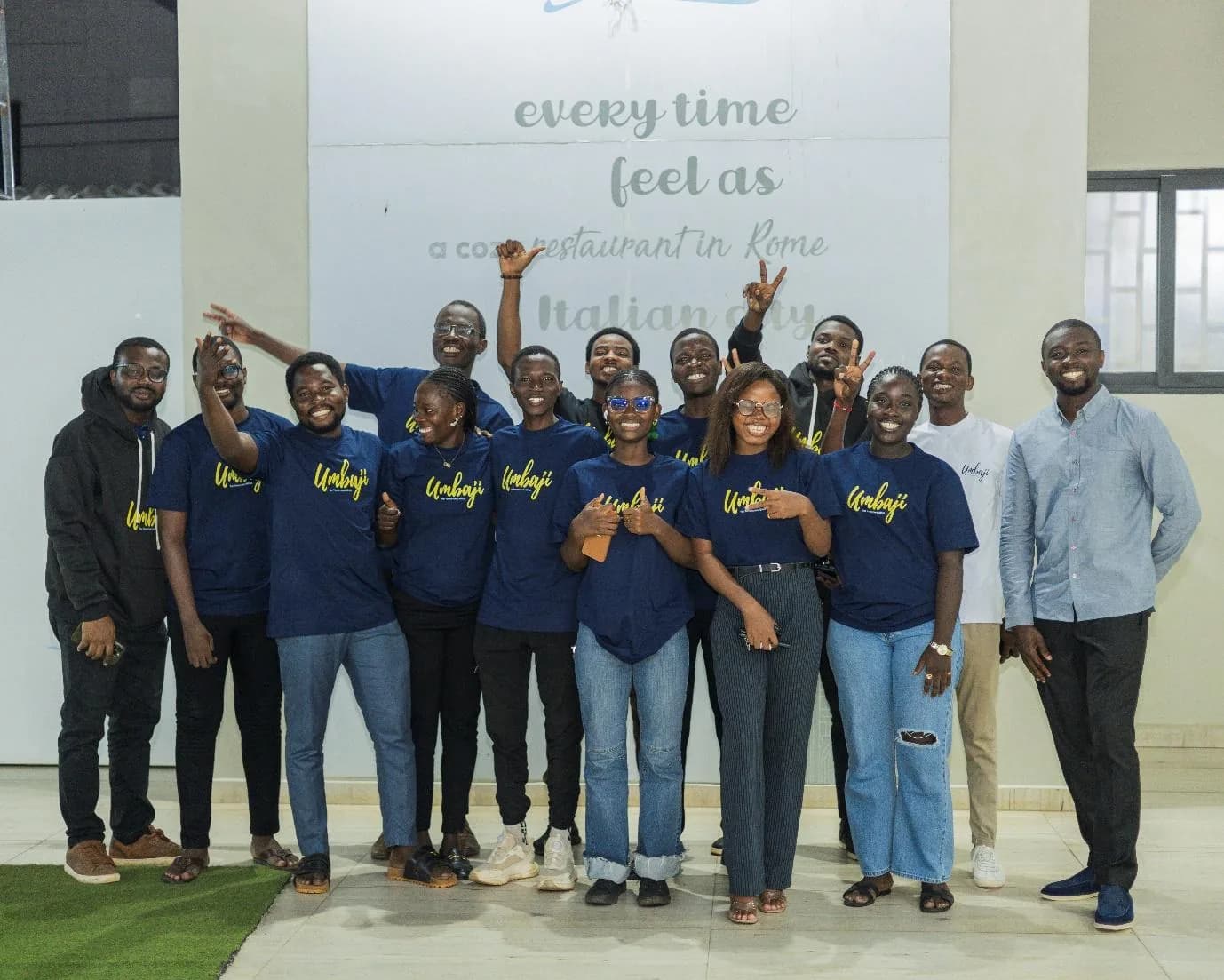 The Umbaji team together in Lomé, most of them in navy Umbaji t-shirts