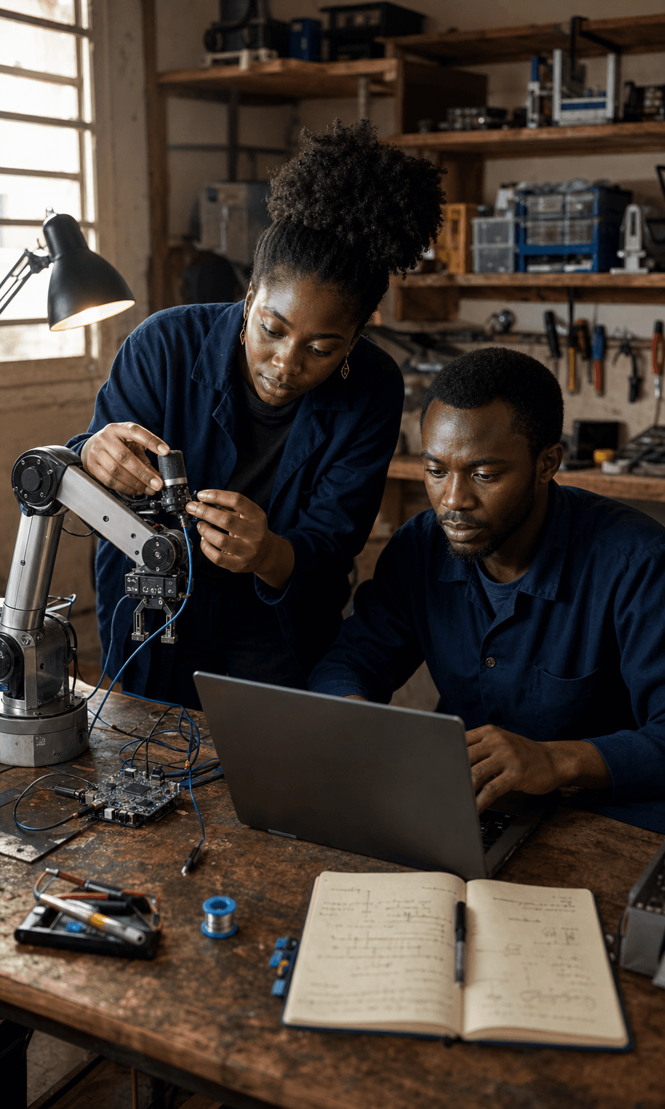 Two engineers calibrating a compact robotic arm and an acoustic sensor in their workshop