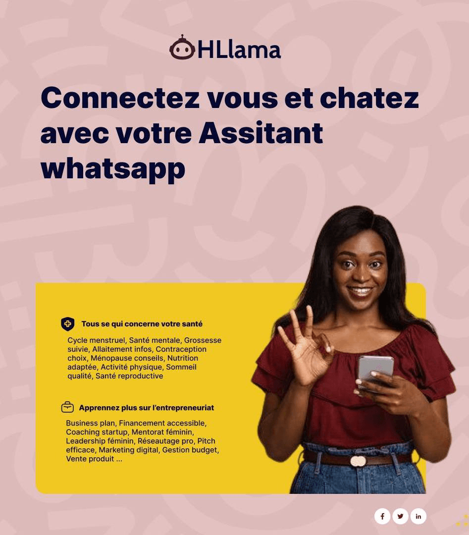 Interface de l’assistante WhatsApp HLlama présentant des parcours de santé et d’entrepreneuriat