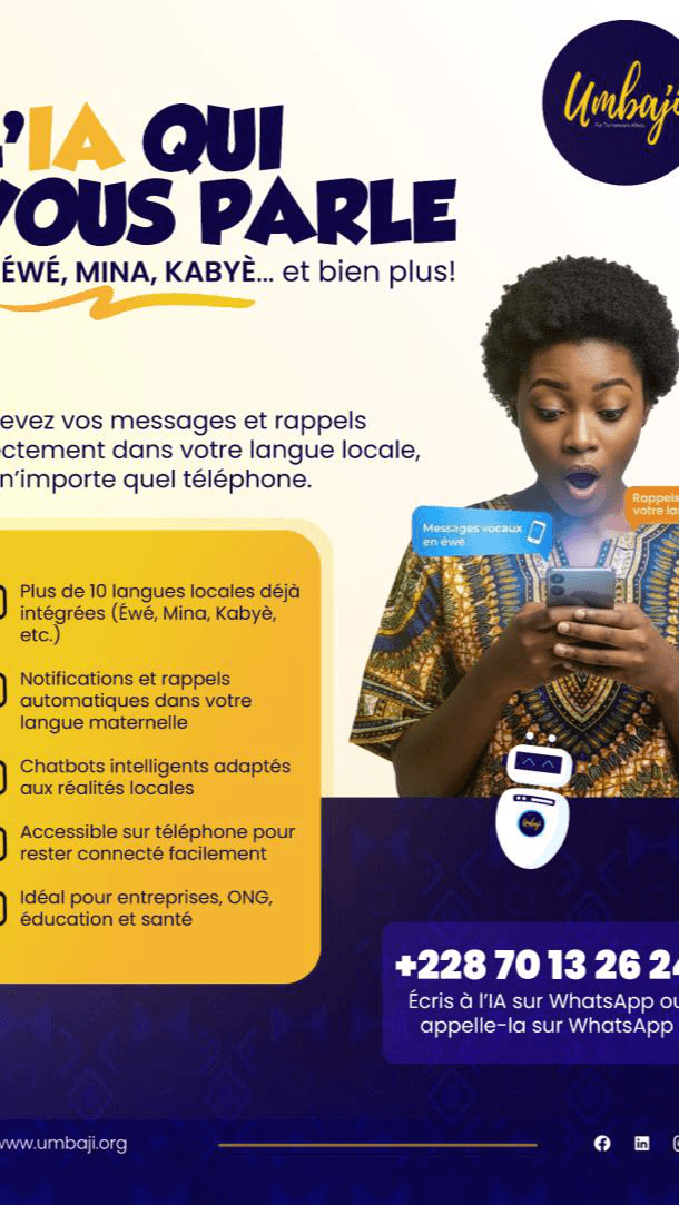 Femme utilisant HLlama sur son téléphone, avec les langues ewé, mina et kabiyè mises en avant